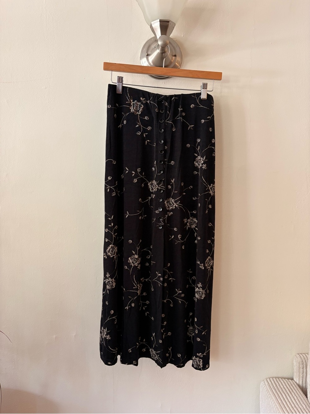 Vintage Briggs New York Black Floral Maxi Skirt with Cream Bloom Print